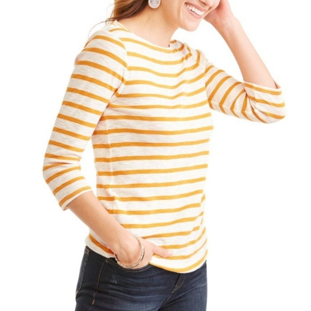 Time & Tru White & Gold Boatneck Striped top Size XXL